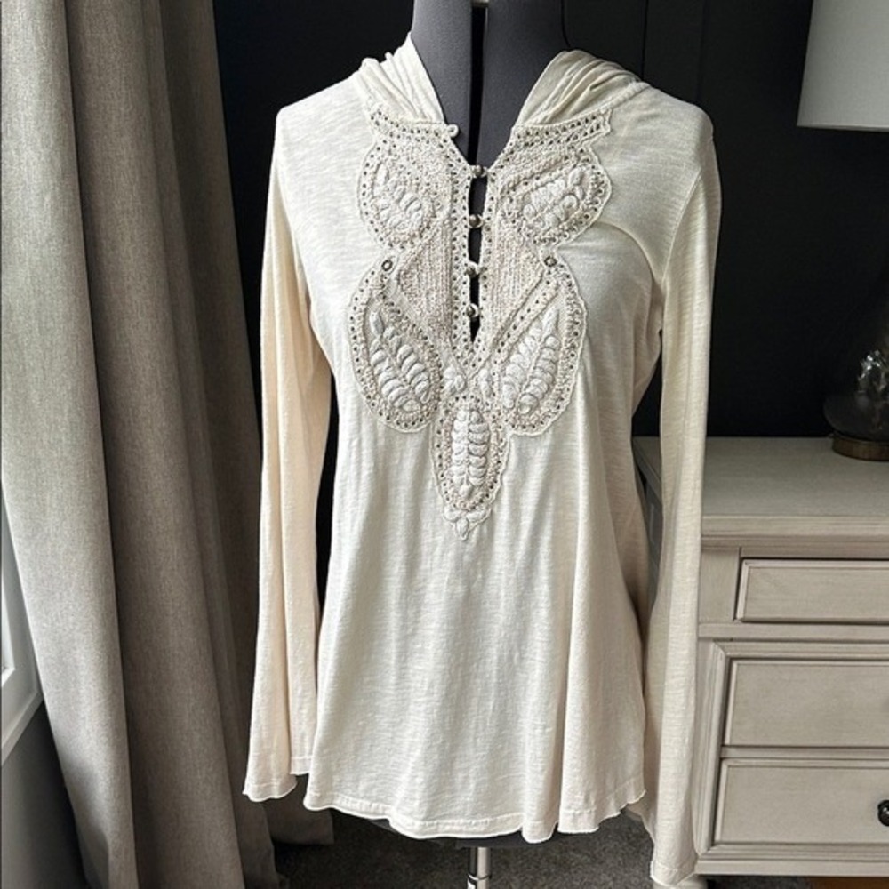 Free People Cream Embroidered Beaded Lace Hoodie Bell Sleeve Top Size XS